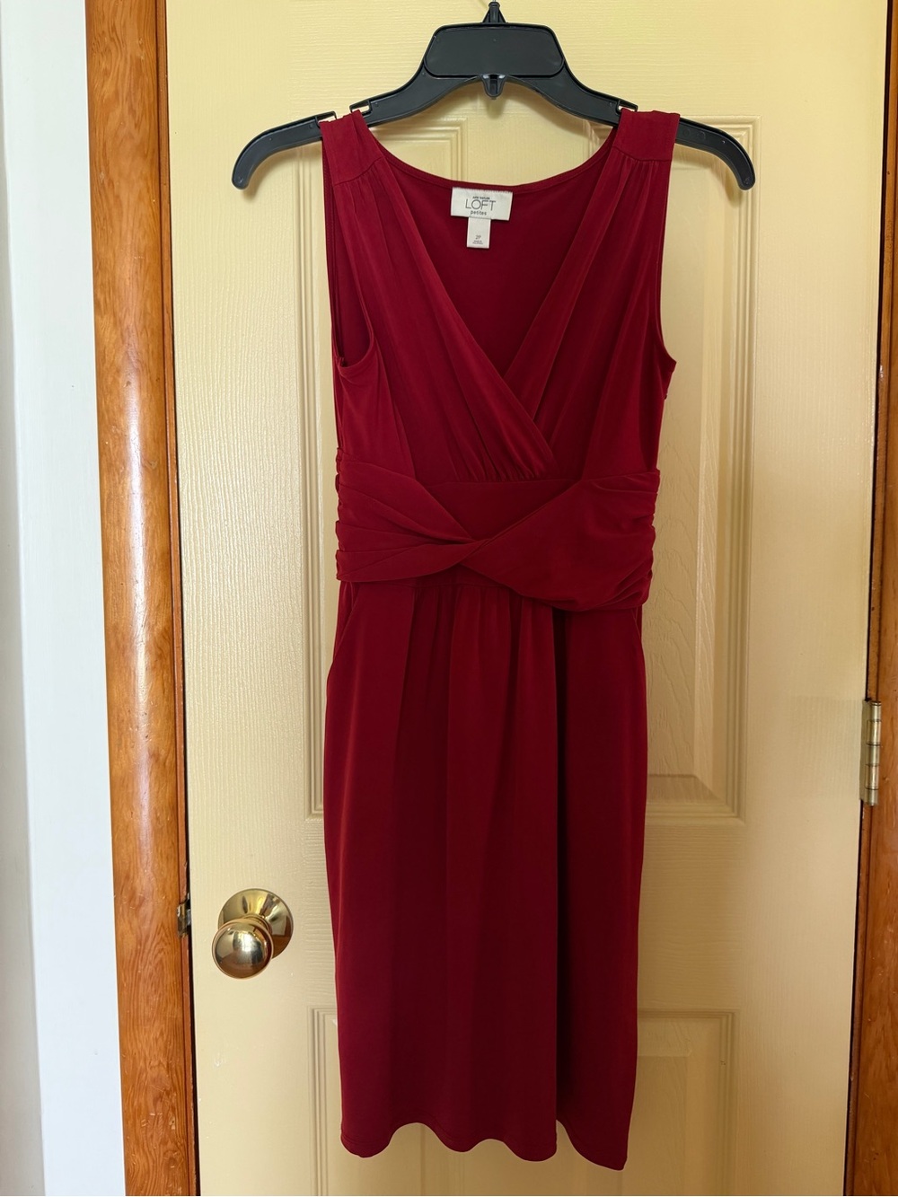 LOFT Sleeveless Faux-Wrap Midi Dress in Deep Red